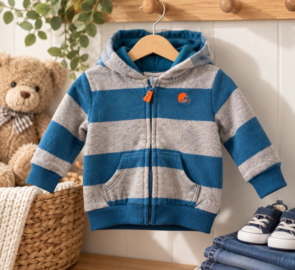 Carter’s Baby Boy 9M Blue Gray Striped Fleece Zip-Up Hooded Jacket Hoodie